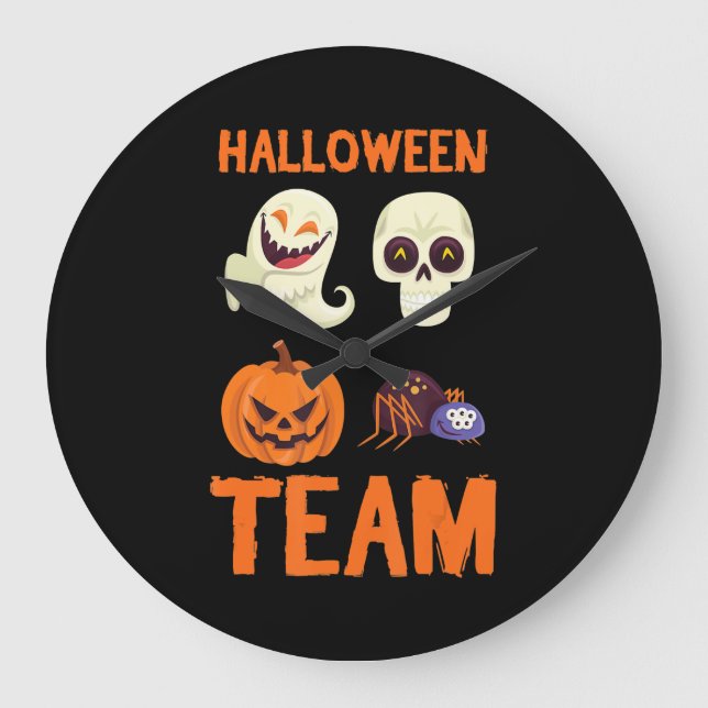 Halloween Team Skeleton Pumpkin Ghost Spider Spook Large Clock (Front)
