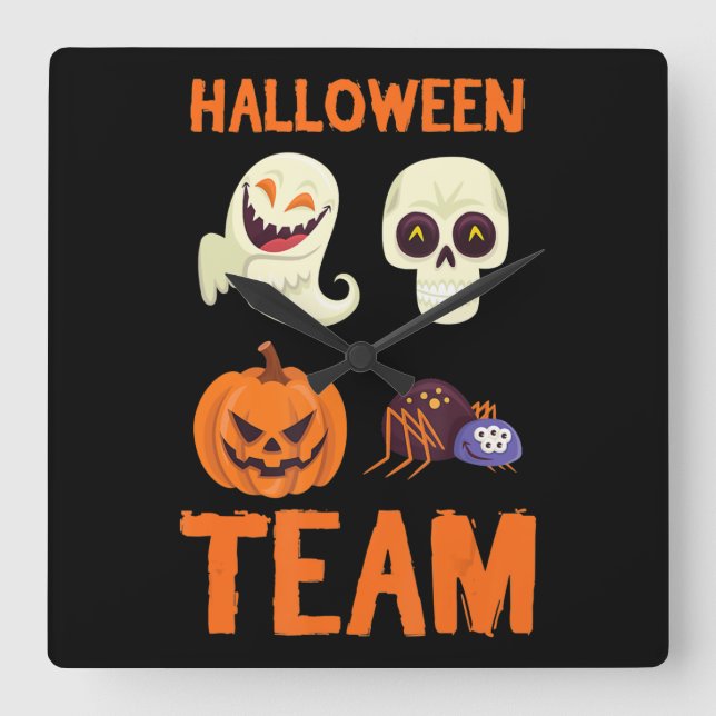 Halloween Team Skeleton Pumpkin Ghost Spider Spook Square Wall Clock (Front)