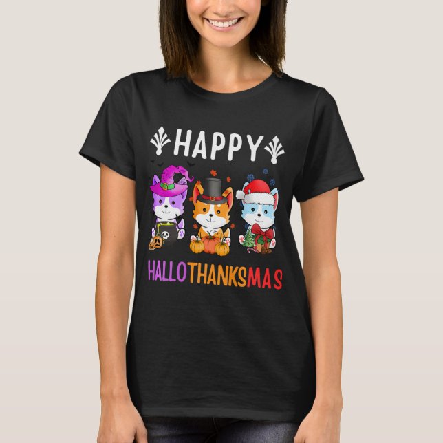 Halloween Thanksgiving Christmas Cats Happy Hallot T-Shirt (Front)
