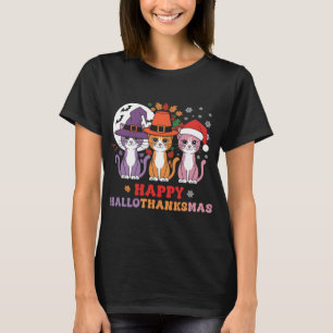 Halloween Thanksgiving Christmas Cats Happy Hallot T-Shirt