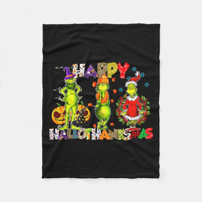 Halloween Thanksgiving Christmas, Happy Hallo Than Fleece Blanket (Front)
