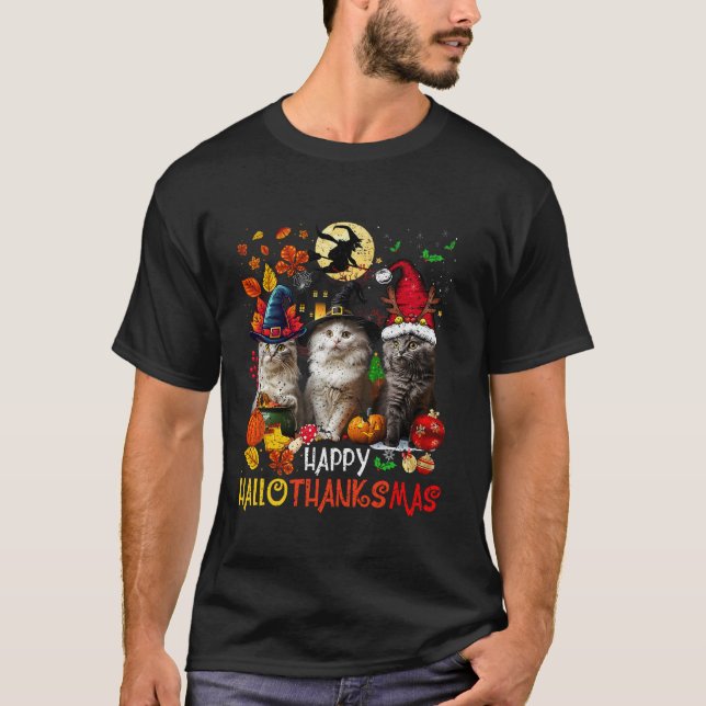 Halloween Thanksgiving Christmas Happy Hallo Thank T-Shirt (Front)