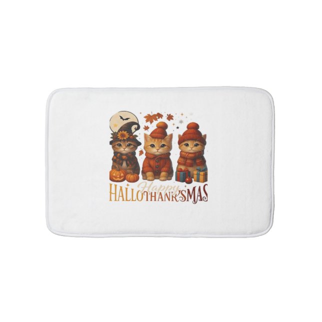 Halloween Thanksgiving Christmas Happy HalloThanks Bath Mat (Front)