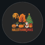 Halloween Thanksgiving Christmas Happy Hallothanks Classic Round Sticker<br><div class="desc">Halloween Thanksgiving Christmas Happy Hallothanksmas</div>
