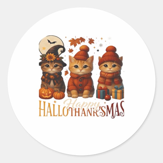 Halloween Thanksgiving Christmas Happy HalloThanks Classic Round Sticker (Front)