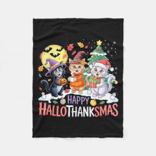 Halloween Thanksgiving Christmas Happy Hallothanks Fleece Blanket
