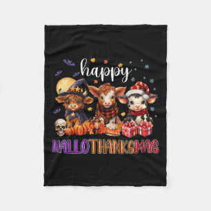 Halloween Thanksgiving Christmas Happy Hallothanks Fleece Blanket