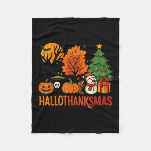 Halloween Thanksgiving Christmas Happy Hallothanks Fleece Blanket