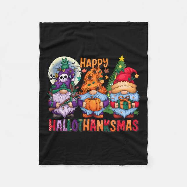 Halloween Thanksgiving Christmas Happy Hallothanks Fleece Blanket (Front)