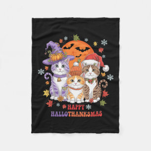 Halloween Thanksgiving Christmas Happy Hallothanks Fleece Blanket