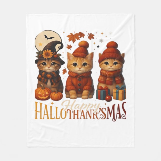 Halloween Thanksgiving Christmas Happy HalloThanks Fleece Blanket (Front)