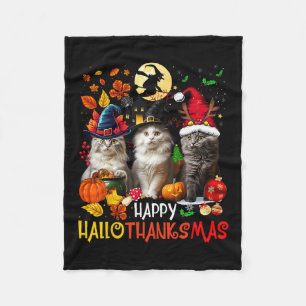 Halloween Thanksgiving Christmas Happy Hallothanks Fleece Blanket