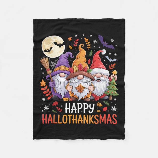 Halloween Thanksgiving Christmas Happy Hallothanks Fleece Blanket (Front)
