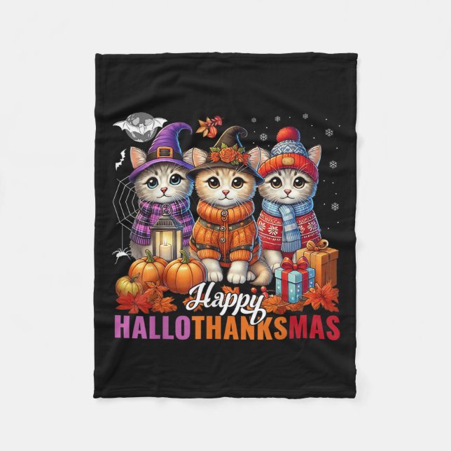Halloween Thanksgiving Christmas Happy Hallothanks Fleece Blanket (Front)