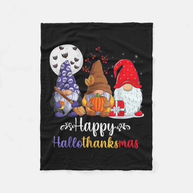 Halloween Thanksgiving Christmas Happy Hallothanks Fleece Blanket (Front)
