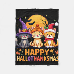 Halloween Thanksgiving Christmas Happy Hallothanks Fleece Blanket