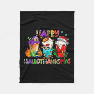 Halloween Thanksgiving Christmas Happy Hallothanks Fleece Blanket