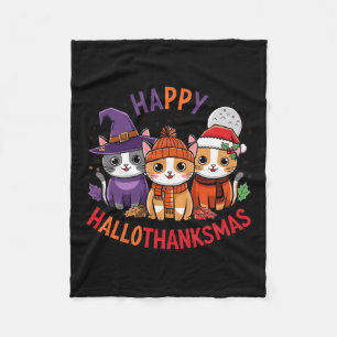 Halloween Thanksgiving Christmas Happy Hallothanks Fleece Blanket