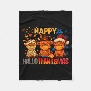 Halloween Thanksgiving Christmas Happy Hallothanks Fleece Blanket