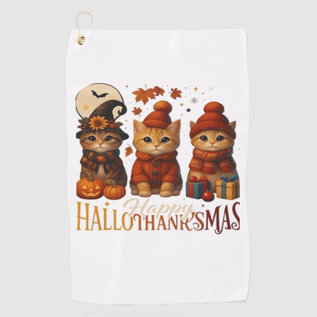 Halloween Thanksgiving Christmas Happy HalloThanks Golf Towel (Front)
