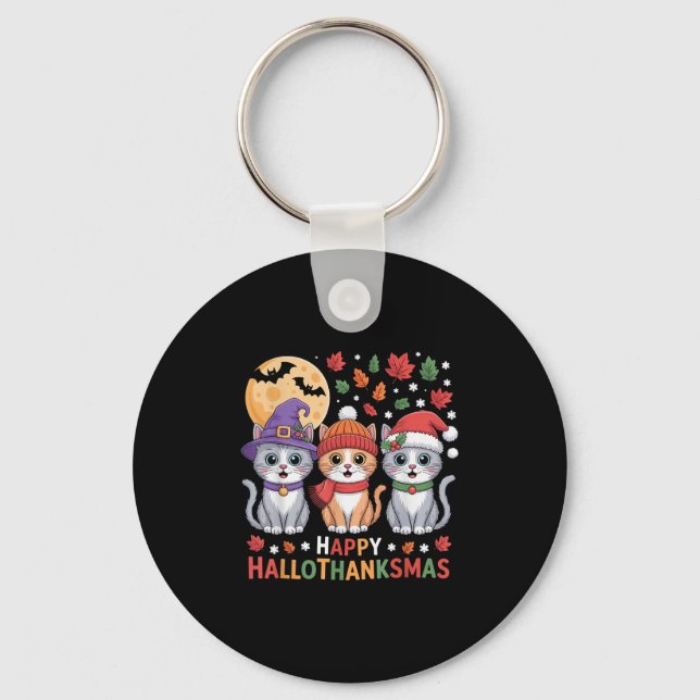 Halloween Thanksgiving Christmas Happy Hallothanks Key Ring (Front)