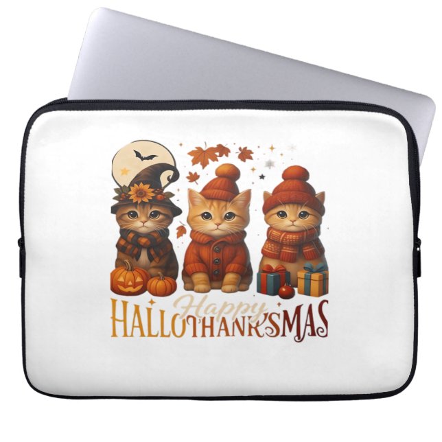 Halloween Thanksgiving Christmas Happy HalloThanks Laptop Sleeve (Front)