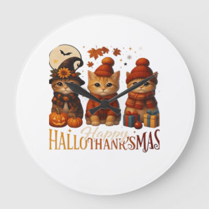 Halloween Thanksgiving Christmas Happy HalloThanks Large Clock