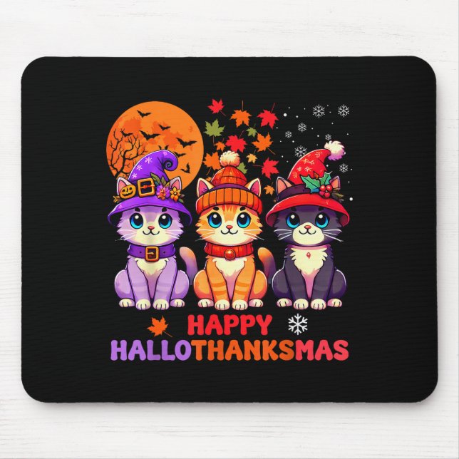 Halloween Thanksgiving Christmas Happy Hallothanks Mouse Mat (Front)