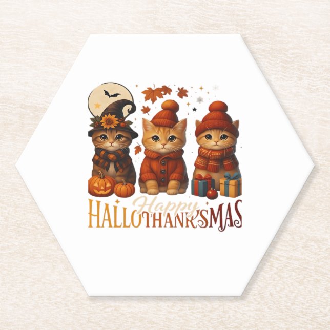 Halloween Thanksgiving Christmas Happy HalloThanks Paper Coaster (Front)
