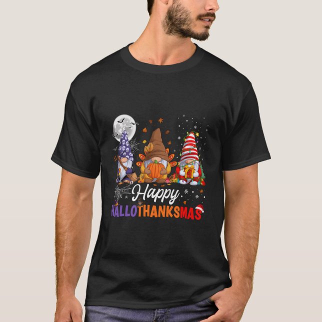 Halloween Thanksgiving Christmas Happy Hallothanks T-Shirt (Front)