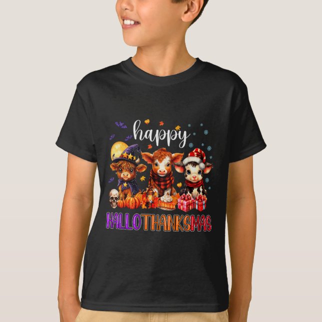 Halloween Thanksgiving Christmas Happy Hallothanks T-Shirt (Front)