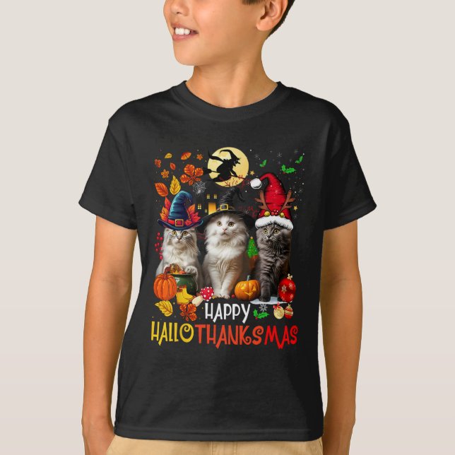 Halloween Thanksgiving Christmas Happy Hallothanks T-Shirt (Front)