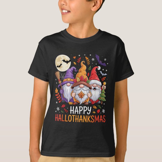 Halloween Thanksgiving Christmas Happy Hallothanks T-Shirt (Front)