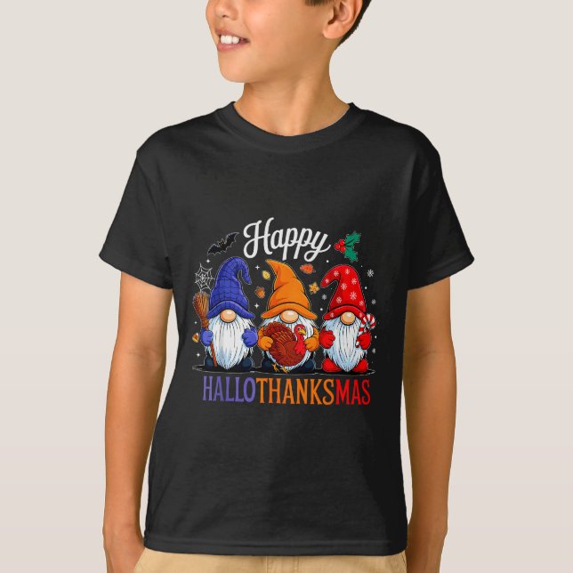 Halloween Thanksgiving Christmas Happy Hallothanks T-Shirt (Front)