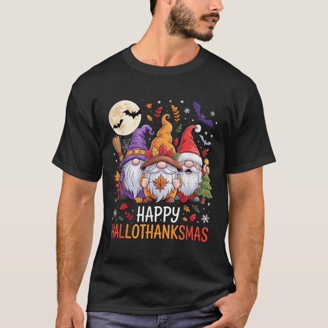 Halloween Thanksgiving Christmas Happy Hallothanks T-Shirt (Front)