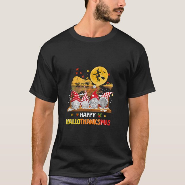 Halloween Thanksgiving Christmas Happy HalloThanks T-Shirt (Front)
