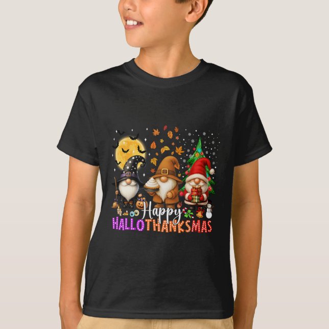 Halloween Thanksgiving Christmas Happy Hallothanks T-Shirt (Front)