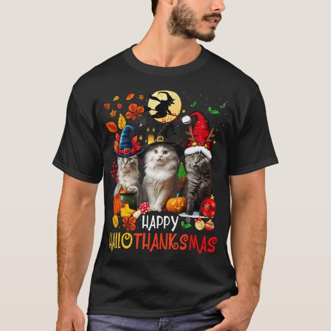 Halloween Thanksgiving Christmas Happy Hallothanks T-Shirt (Front)