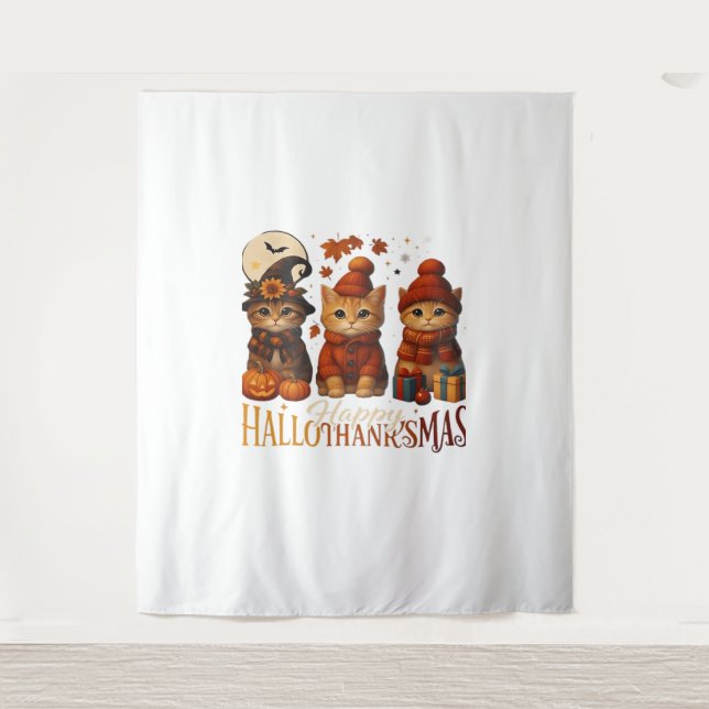 Halloween Thanksgiving Christmas Happy HalloThanks Tapestry (Front)