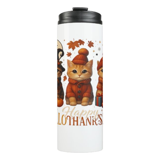 Halloween Thanksgiving Christmas Happy HalloThanks Thermal Tumbler (Front)