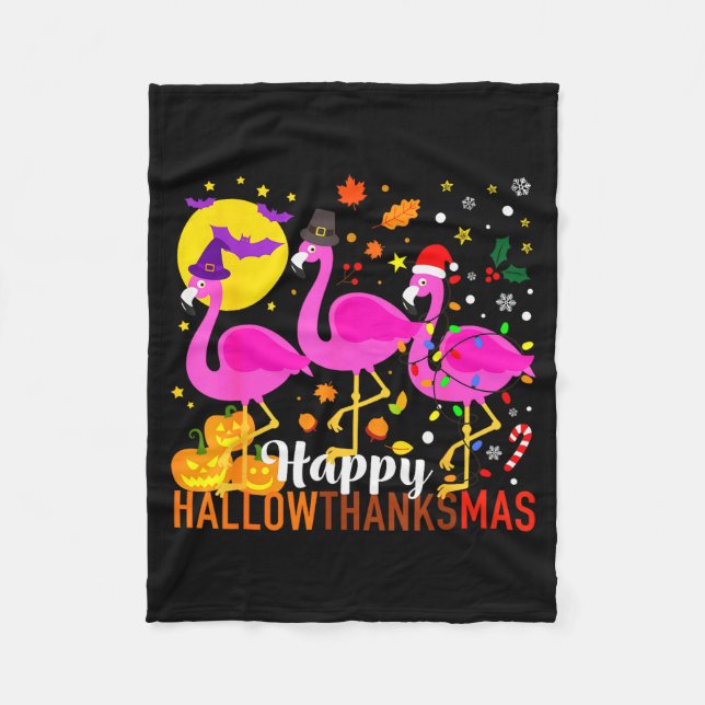 Halloween Thanksgiving Christmas Happy Hallowthank Fleece Blanket (Front)