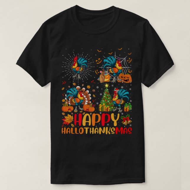 Halloween Thanksgiving Christmas Rooster Bird Hall T-Shirt (Design Front)