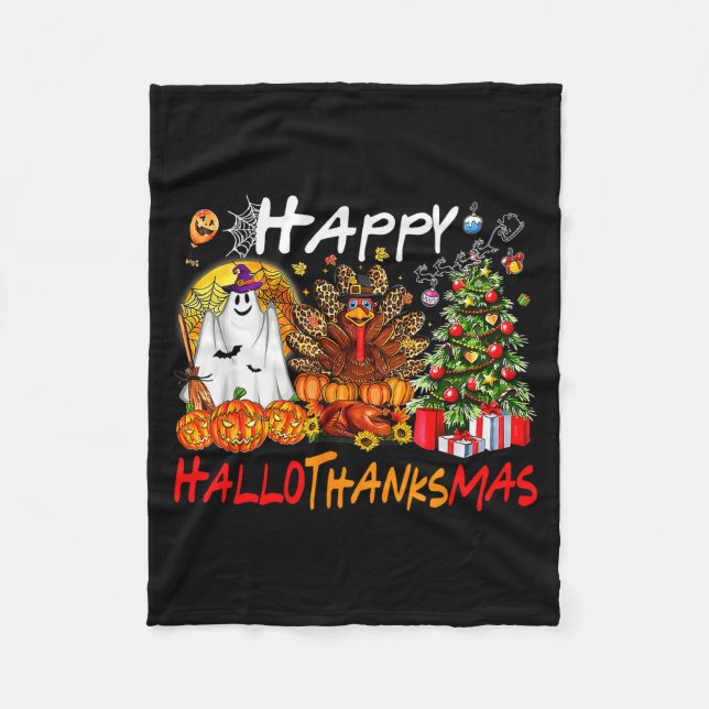 Halloween Thanksgiving Christmas Turkey Happy Hall Fleece Blanket (Front)