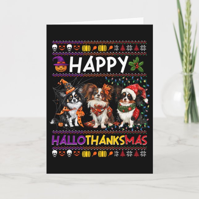 Halloween Thanksgiving Christmas Ugly Papillon Dog Card (Front)