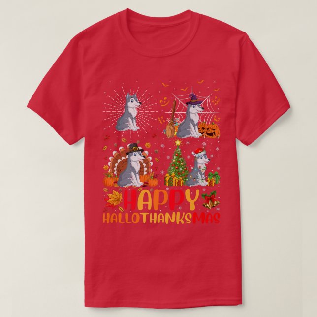 Halloween Thanksgiving Christmas Wolf Hallothanksm T-Shirt (Design Front)