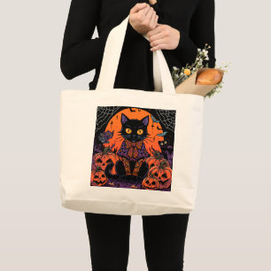 Halloween,The Pumpkin Patch Prowler ,Black Cat Large Tote Bag