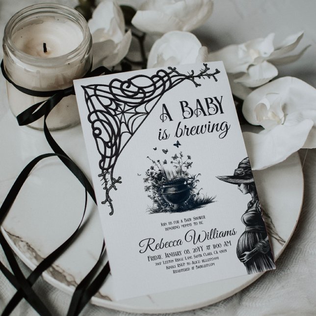 Halloween Theme Baby is Brewing Black Baby Shower Invitation (Creator Uploaded)