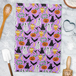 Halloween Theme Collage Toss Pattern Purple Tea Towel