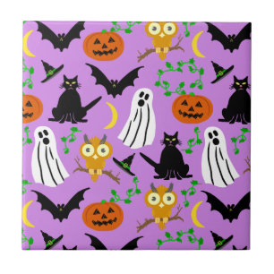 Halloween Theme Collage Toss Pattern Purple Tile