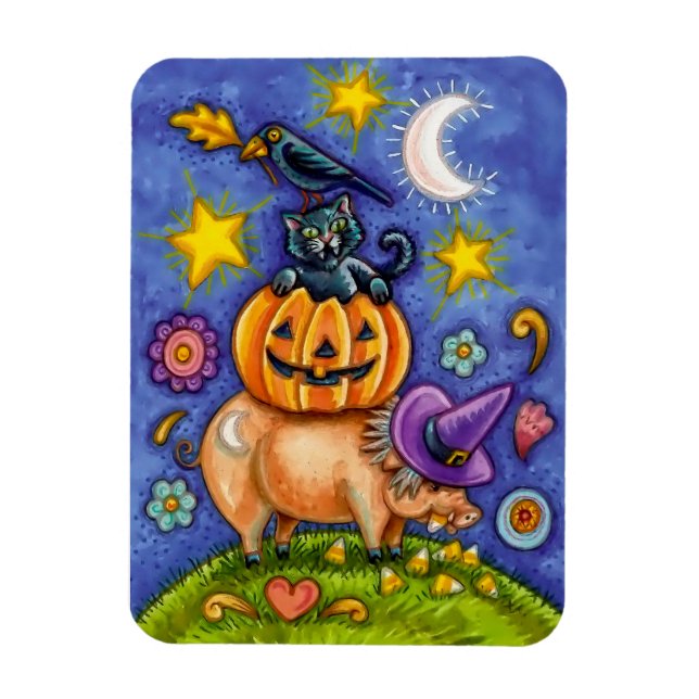 Halloween Theme Magnet with Bird Cat Pumpkin & Pig (Vertical)